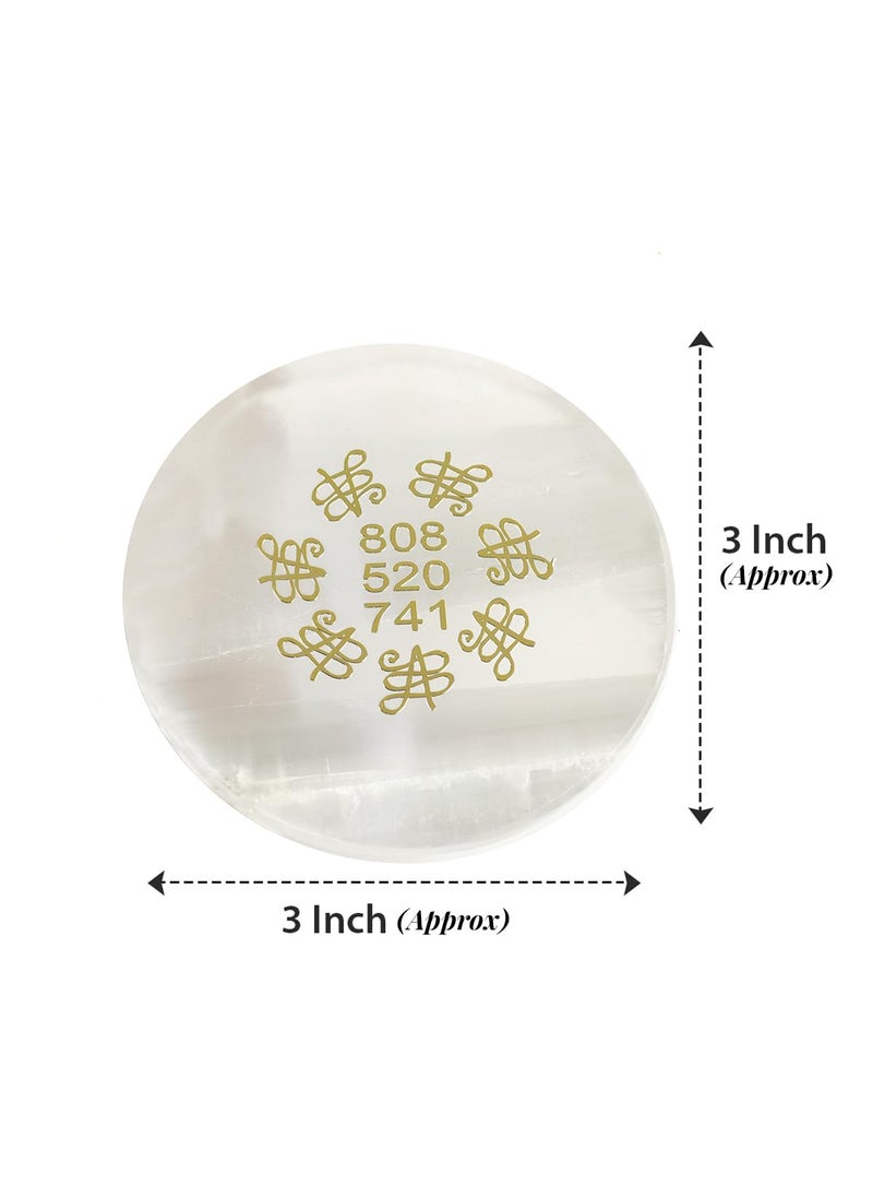 Crystu Crystu Selenite Charging Plate with Zibu Symbol Symbol Natural Crystal Stone for Reiki Healing Charging Plate for Stones Round Shape Golden Design Size 76 cm 3 inch  - Image 5