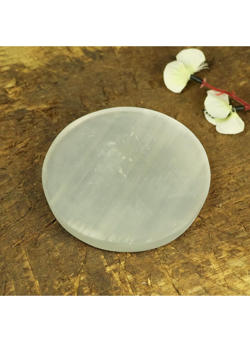 Crystu Crystu Selenite Charging Plate with Zibu Symbol Symbol Natural Crystal Stone for Reiki Healing Charging Plate for Stones Round Shape Golden Design Size 76 cm 3 inch  - Image 4