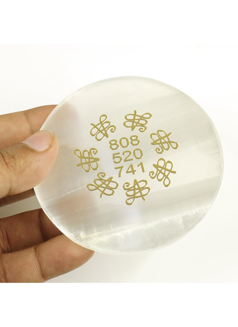 Crystu Crystu Selenite Charging Plate with Zibu Symbol Symbol Natural Crystal Stone for Reiki Healing Charging Plate for Stones Round Shape Golden Design Size 76 cm 3 inch  - Image 2