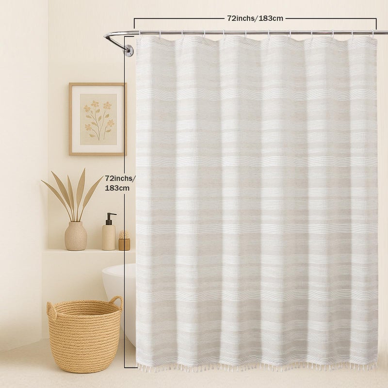 OVZME Natural Linen Shower Curtain for Bathroom, Boho Farmhouse Rustic Striped Shower Curtain with Tassel, Textured Heavy Duty Vintage Country Bathroom Curtain, 72Wx72L Inches - Image 2