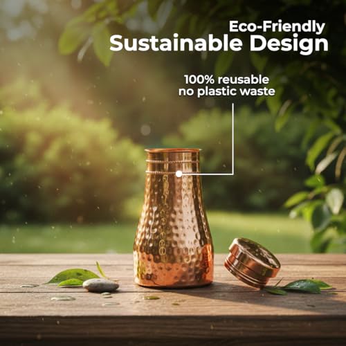 AVA DESIGNZ Cleo Luxe Copper Bedside Carafe for Ayurvedic Benefits with Lid, 1L - Water Pitcher for Sports and Yoga - Image 2
