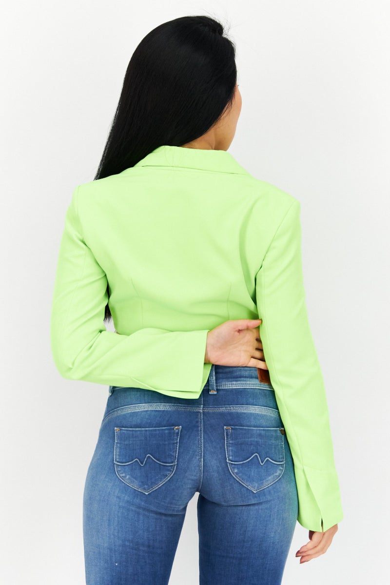 TOPSHOP Women Regular Fit Solid Casual Crop Blazer, Neon Green - Image 3