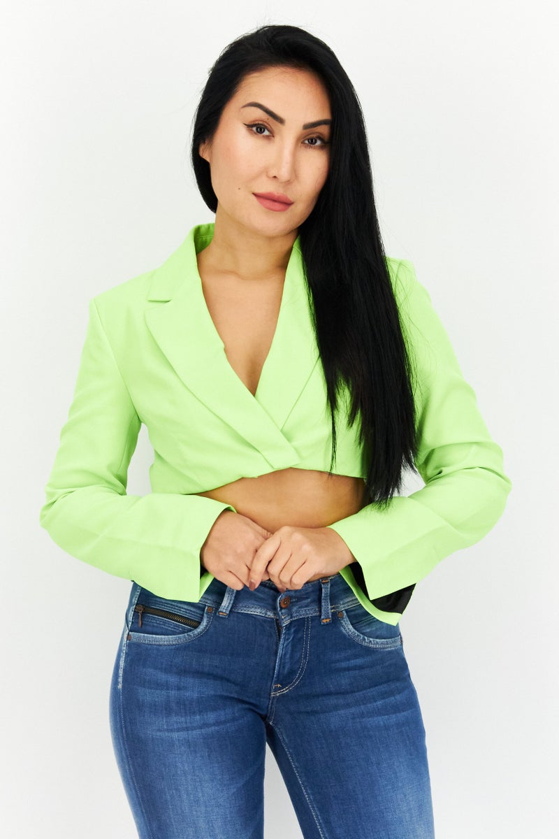 TOPSHOP Women Regular Fit Solid Casual Crop Blazer, Neon Green - Image 1