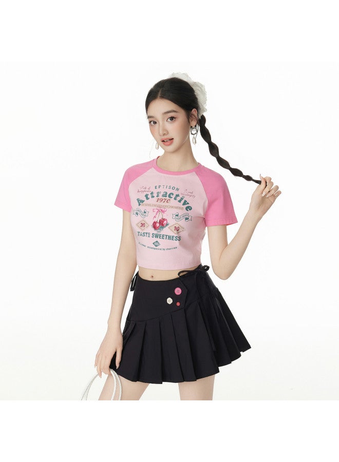 EPTISON Women's Short Sleeve T-shirt - 2025 Summer New Slim Fit Cropped Sweet & Spicy Style Vintage Cherry Print Raglan Sleeve Top - Image 2