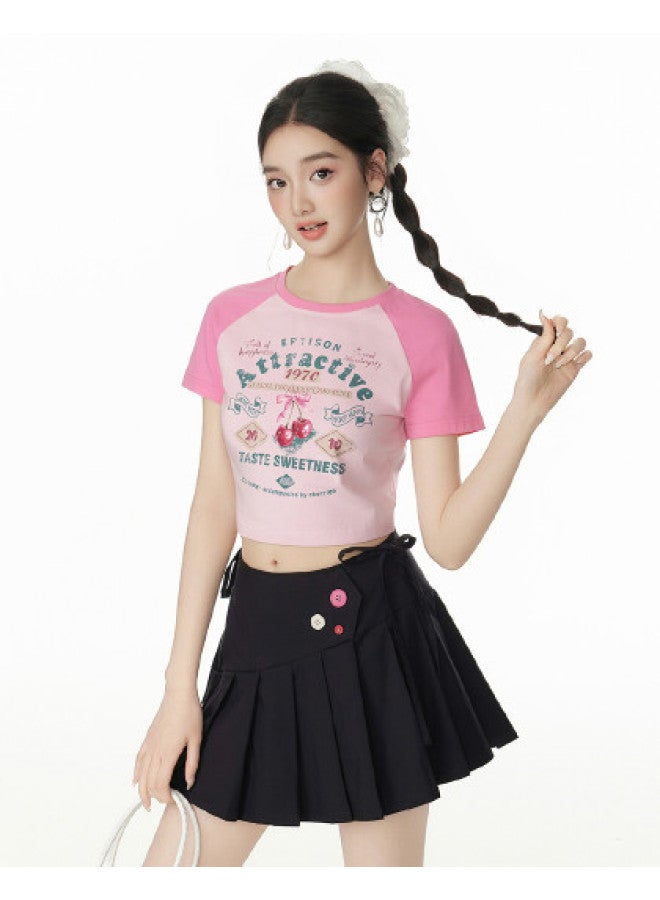 EPTISON Women's Short Sleeve T-shirt - 2025 Summer New Slim Fit Cropped Sweet & Spicy Style Vintage Cherry Print Raglan Sleeve Top - Image 1