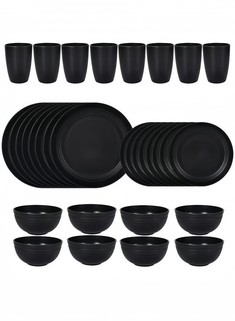 نوا مجموعة عشاء من 32 قطعة، أطباق قش القمح، أطباق، مجموعة أكواب أواني الطعام، خدمة ل 8، أطباق عشاء، طبق حلوى، أطباق حبوب، أكواب، أطباق تخييم بلاستيكية ملونة غير قابلة للكسر في الهواء الطلق، أسود ساحلي - Image 1