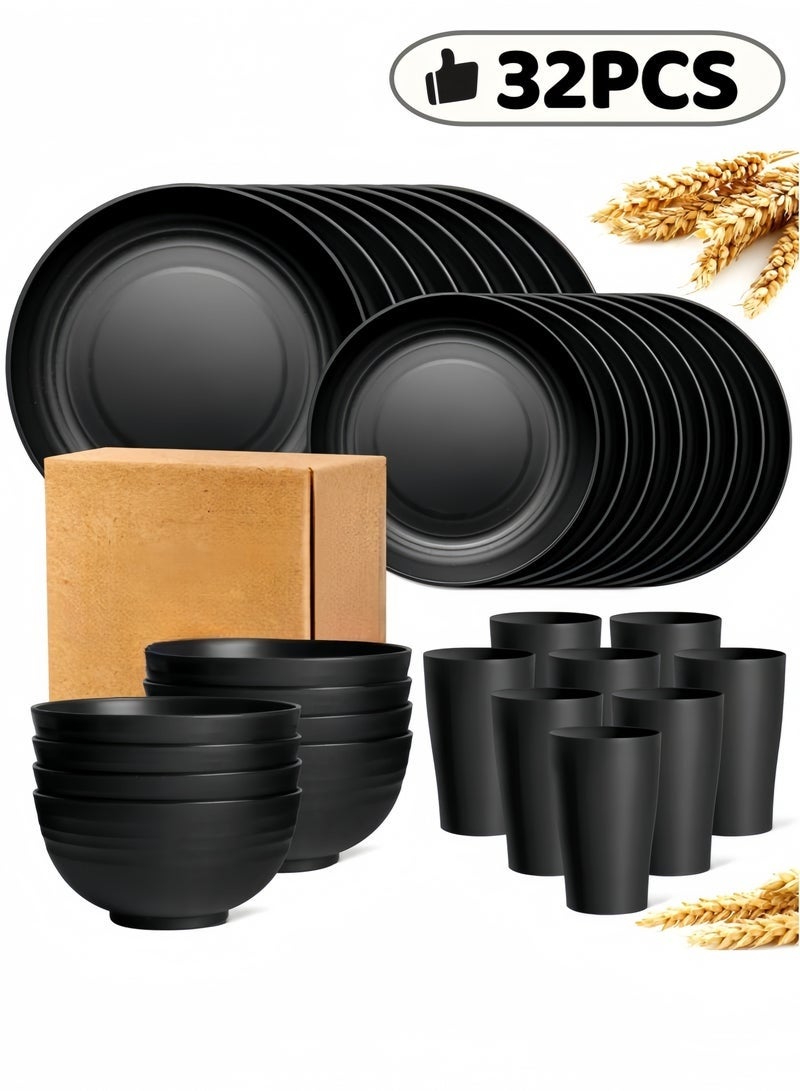 نوا مجموعة عشاء من 32 قطعة، أطباق قش القمح، أطباق، مجموعة أكواب أواني الطعام، خدمة ل 8، أطباق عشاء، طبق حلوى، أطباق حبوب، أكواب، أطباق تخييم بلاستيكية ملونة غير قابلة للكسر في الهواء الطلق، أسود ساحلي - Image 2