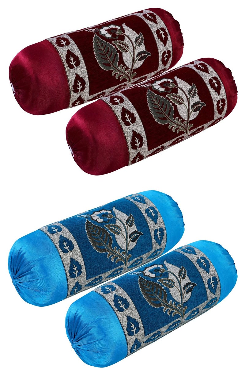 HSR Collection Premium Chennile Luxury Bolster Cover, Maroon & Blue - 4 Pieces - Image 1