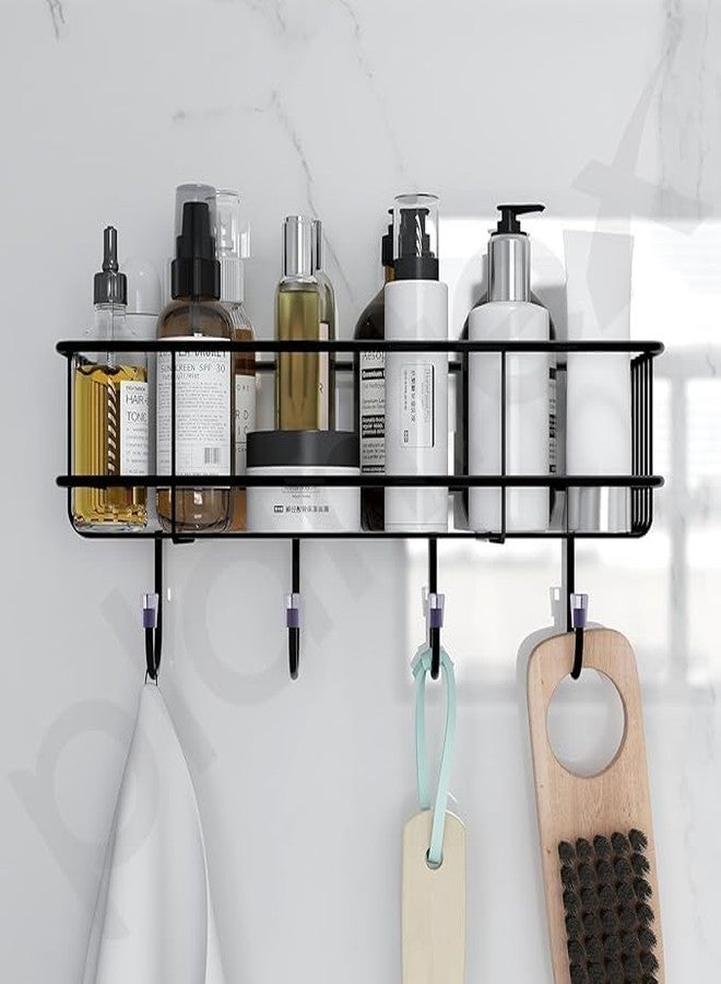 Bathoyum 1 pc Self-Adhesive Metal Bathroom Rack Rust Proof Bathroom Organiser Without Drill Premiun Bathroom Shelves Wall Mounted Shelves Kitchen Shelf Storage Rack with 4 Hooks (Black) (1) - Image 3
