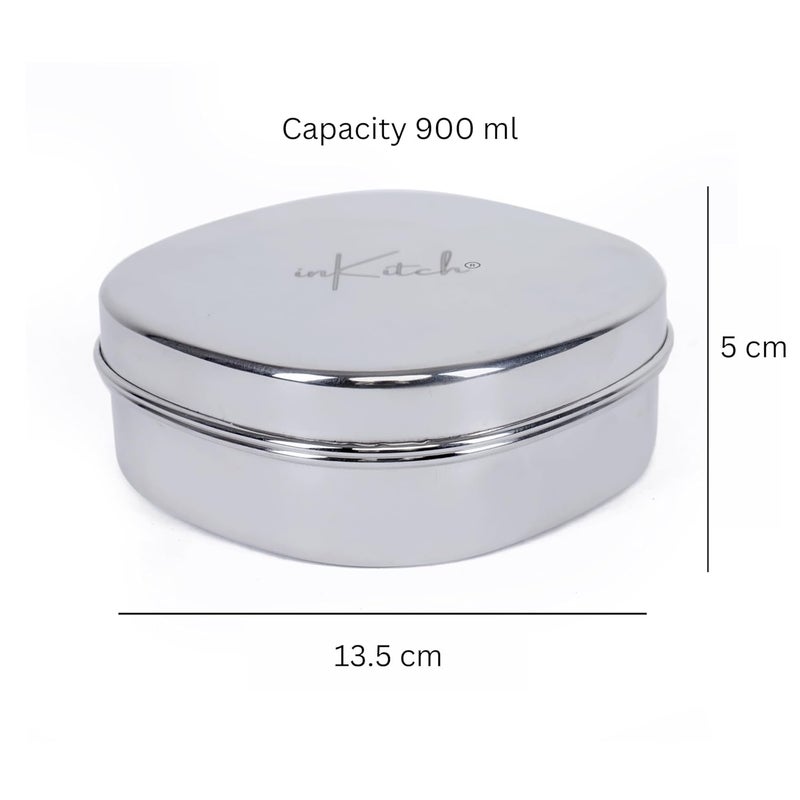 inKitch Stainless Steel Designer Storage Containers Box Kitchen Dabba Stainless Steel Dabba GlossySilver Set of 2Pcs 135cm Dia 900ml - Image 2