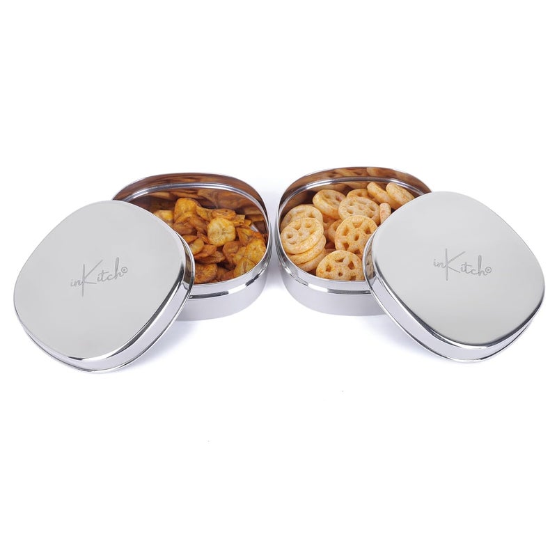 inKitch Stainless Steel Designer Storage Containers Box Kitchen Dabba Stainless Steel Dabba GlossySilver Set of 2Pcs 135cm Dia 900ml - Image 3