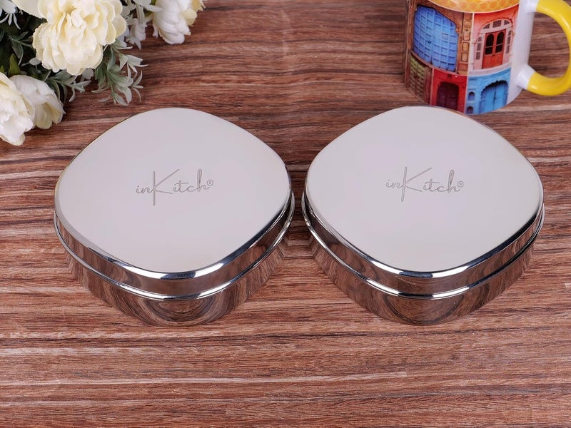 inKitch Stainless Steel Designer Storage Containers Box Kitchen Dabba Stainless Steel Dabba GlossySilver Set of 2Pcs 135cm Dia 900ml - Image 5
