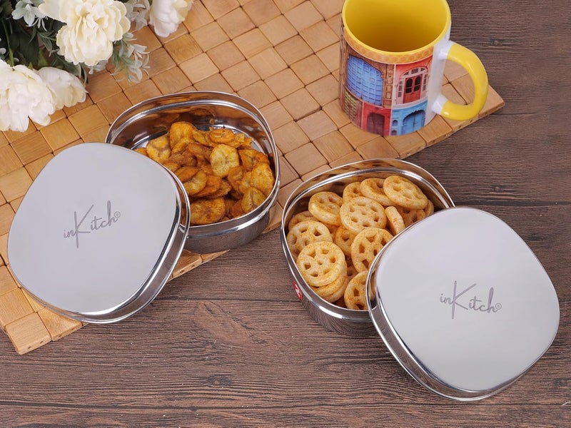 inKitch Stainless Steel Designer Storage Containers Box Kitchen Dabba Stainless Steel Dabba GlossySilver Set of 2Pcs 135cm Dia 900ml - Image 1