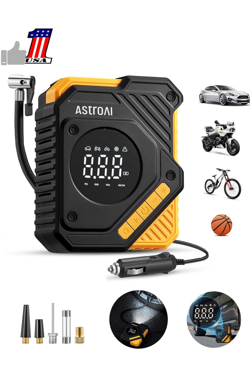 AstroAI AstroAI Tyre Inflator Air Compressor 12V DC, Digital Car Tyre Pump 150 PSI, Preset Tyre Pressure & Auto Shutoff, Electric Air Pump for Car Tyres, Bicycles, Other Inflatables (Yellow)  - Image 1