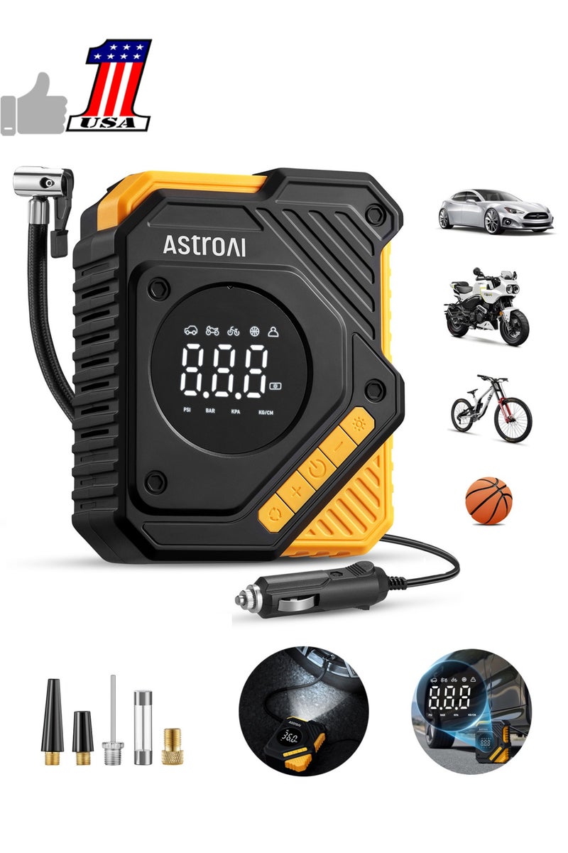 AstroAI AstroAI Tyre Inflator Air Compressor 12V DC, Digital Car Tyre Pump 150 PSI, Preset Tyre Pressure & Auto Shutoff, Electric Air Pump for Car Tyres, Bicycles, Other Inflatables (Yellow)  - Image 1