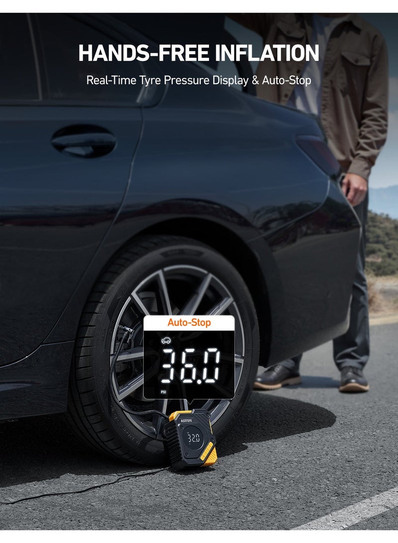 أسترواي ضاغط هواء لنفخ الإطارات 12 فولت تيار مستمر من استرو ايه اي، مضخة إطارات السيارة الرقمية 10 بار، ضغط إطارات مضبوط وإيقاف تلقائي، مضخة هواء كهربائية للسيارات والدراجات والأشياء القابلة للنفخ (أصفر) للهدايا - Image 2