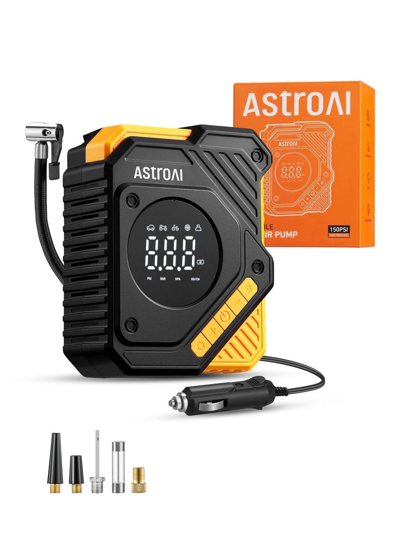 AstroAI Tyre Inflator Air Compressor 12V DC, Digital Car Tyre Pump 150 PSI, Preset Tyre Pressure & Auto Shutoff, Electric Air Pump for Car Tyres, Bicycles, Other Inflatables (Yellow) for Gifts - Image 1