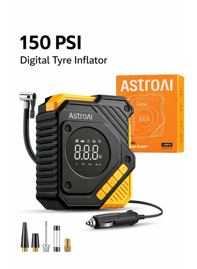 أسترواي ضاغط هواء لنفخ الإطارات 12 فولت تيار مستمر من استرو ايه اي، مضخة إطارات السيارة الرقمية 10 بار، ضغط إطارات مضبوط وإيقاف تلقائي، مضخة هواء كهربائية للسيارات والدراجات والأشياء القابلة للنفخ (أصفر) للهدايا - Image 1
