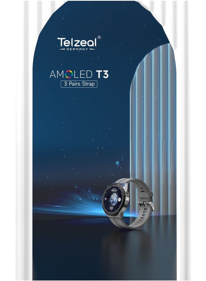 Telzeal T3 AMOLED Smart Watch with Large Round Display – Includes 3 Interchangeable Straps – Always-On HD Screen, Bluetooth Calling, Health & Fitness Tracking, Heart Rate & SpO2 Monitor, Sleep & Step Tracker, IP68 Waterproof, Stylish Metal Body, Android & iOS Compatible - Image 1