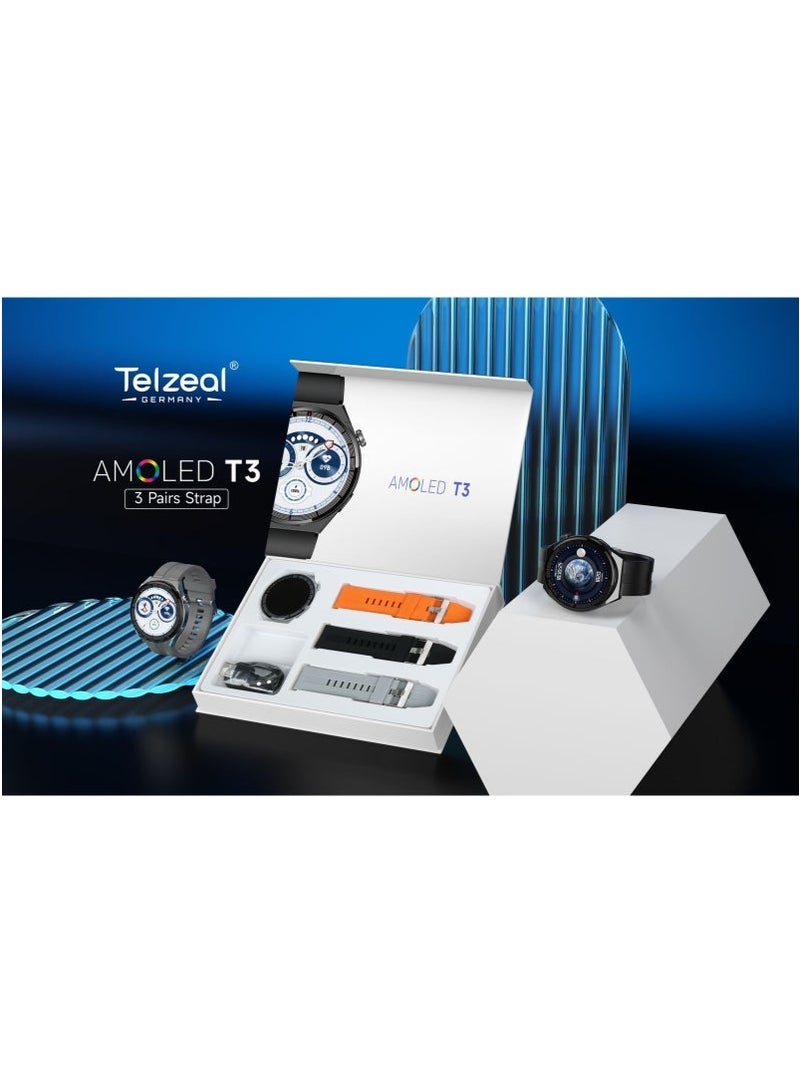 Telzeal T3 AMOLED Smart Watch with Large Round Display – Includes 3 Interchangeable Straps – Always-On HD Screen, Bluetooth Calling, Health & Fitness Tracking, Heart Rate & SpO2 Monitor, Sleep & Step Tracker, IP68 Waterproof, Stylish Metal Body, Android & iOS Compatible - Image 2