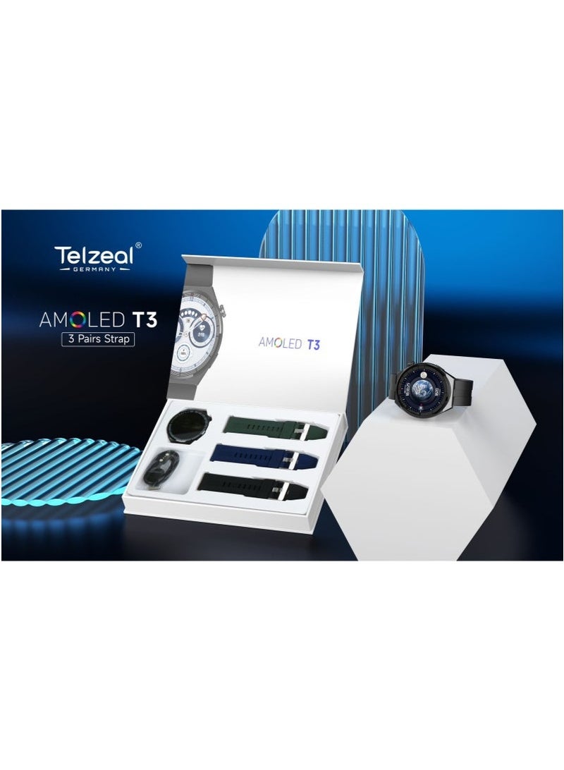Telzeal T3 AMOLED Smart Watch with Large Round Display – Includes 3 Interchangeable Straps – Always-On HD Screen, Bluetooth Calling, Health & Fitness Tracking, Heart Rate & SpO2 Monitor, Sleep & Step Tracker, IP68 Waterproof, Stylish Metal Body, Android & iOS Compatible - Image 4