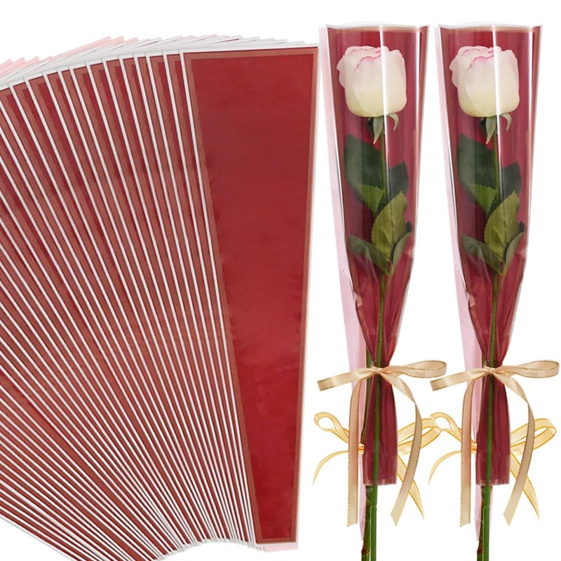 BEISHIDA BEISHIDA 50 PCS Single Rose Sleeve Plastic Flower Wrapping Bags Cellophane Flower Sleeves for Florist Bouquet Supplies Mothers Day Valentines Day Red and Champagne 