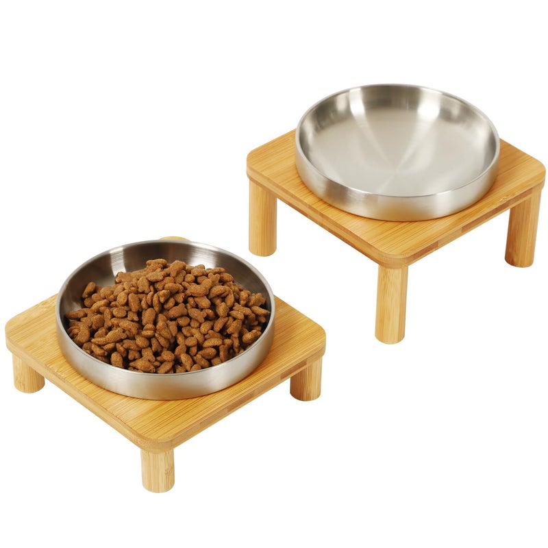 DoogCat Elevated Cat Bowls for Indoor Cats â€“ Raised Bamboo Cat Bowl Stand with 5.5 Inch Wide Stainless Steel Dishes, Pet Food Table Plate for Easy Feeding, Whisker Friendly(Silver,Set of 2) - Image 1