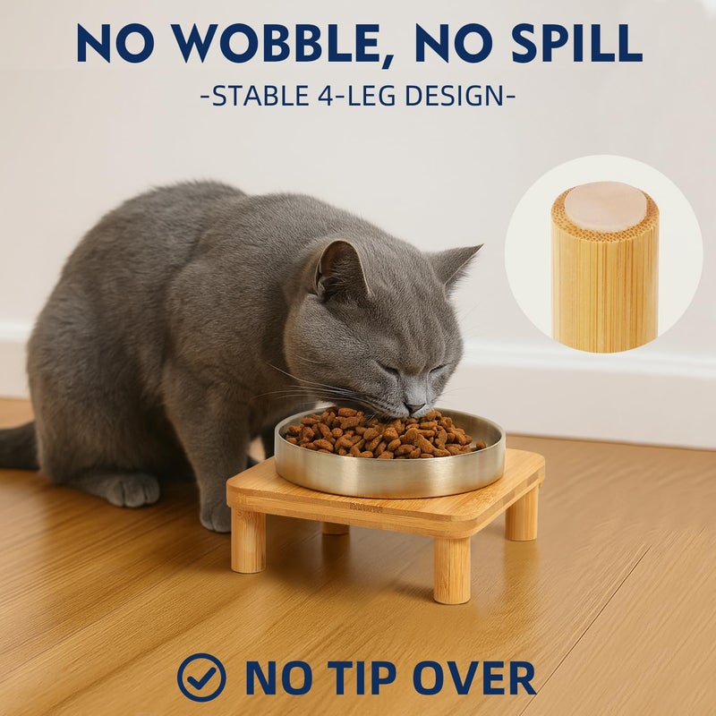 DoogCat Elevated Cat Bowls for Indoor Cats â€“ Raised Bamboo Cat Bowl Stand with 5.5 Inch Wide Stainless Steel Dishes, Pet Food Table Plate for Easy Feeding, Whisker Friendly(Silver,Set of 2) - Image 2