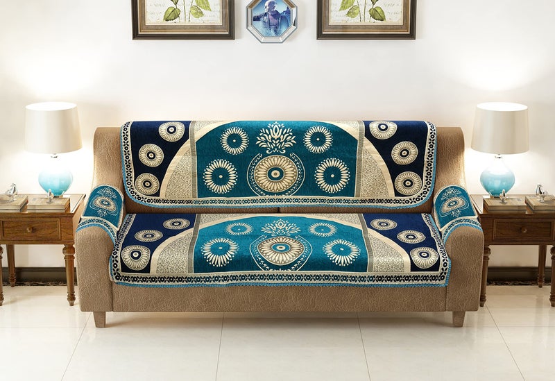 Jayvaam 5 Seater Sofa Cover 10 Pcs Set - 3 + 1+1 Chennile Sofa Cover Back 5 Seater with 6 Pcs Arms Sofa Cover and Centre Table Cover, Sky, Chenille - Image 5