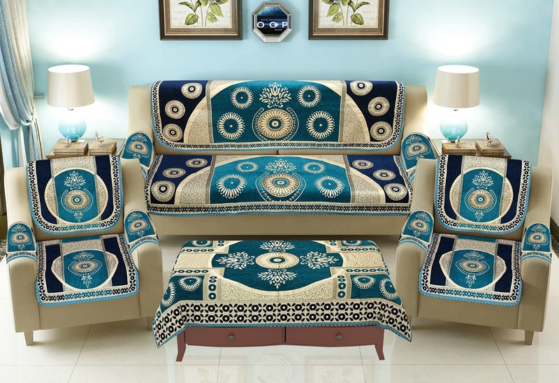 Jayvaam 5 Seater Sofa Cover 10 Pcs Set - 3 + 1+1 Chennile Sofa Cover Back 5 Seater with 6 Pcs Arms Sofa Cover and Centre Table Cover, Sky, Chenille - Image 1