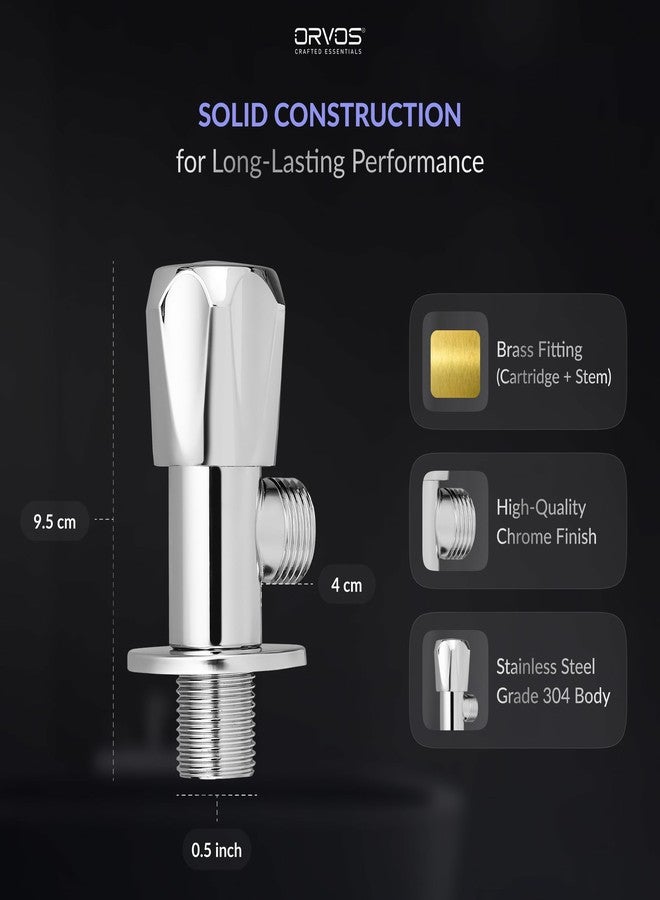 Orvos Angle Valve, Hexagonal, Premium 304 Stainless Steel Chrome Plated Body with Full Brass Cartridge Inside, Set of 2, for Hot & Cold Supply to Geysers, Sinks, Basins and Flush Tanks - Image 3