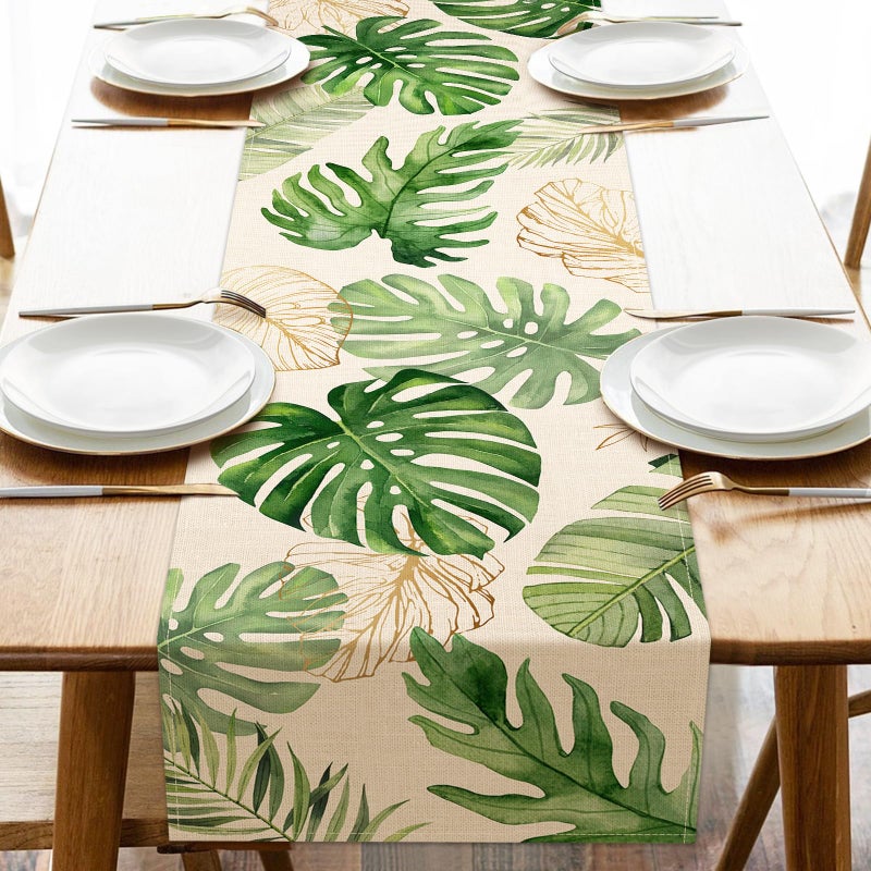 Seliem Summer Palm Leaves Tropical Greenery Table Runner Monstera Home Kitchen Dining Plant Decor Spring Seasonal Decorations Indoor Outdoor Hawaii Luau Anniversary Party Supply 13 x 72 Inch