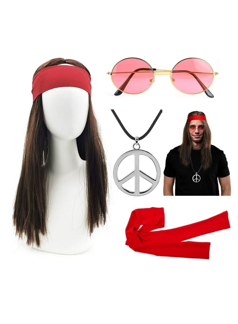 Excefore Hippie Costumes, With Hippie Wig, Sunglasses, Bandana, Hippie Peace Necklace,  70s Disco Style, 60s Outfit, 80s Fancy Dress, for Rock Star Party Rockstar Day, 60s 70s 80s 90s Accessories - Image 1