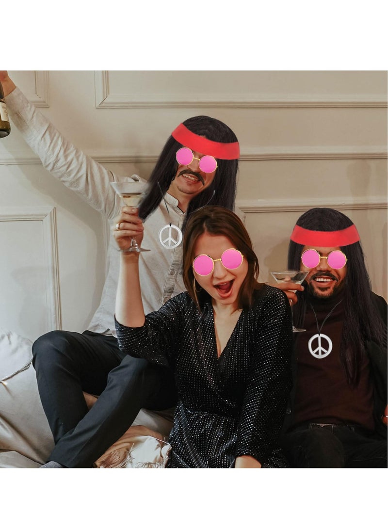 Excefore Hippie Costumes, With Hippie Wig, Sunglasses, Bandana, Hippie Peace Necklace,  70s Disco Style, 60s Outfit, 80s Fancy Dress, for Rock Star Party Rockstar Day, 60s 70s 80s 90s Accessories - Image 5