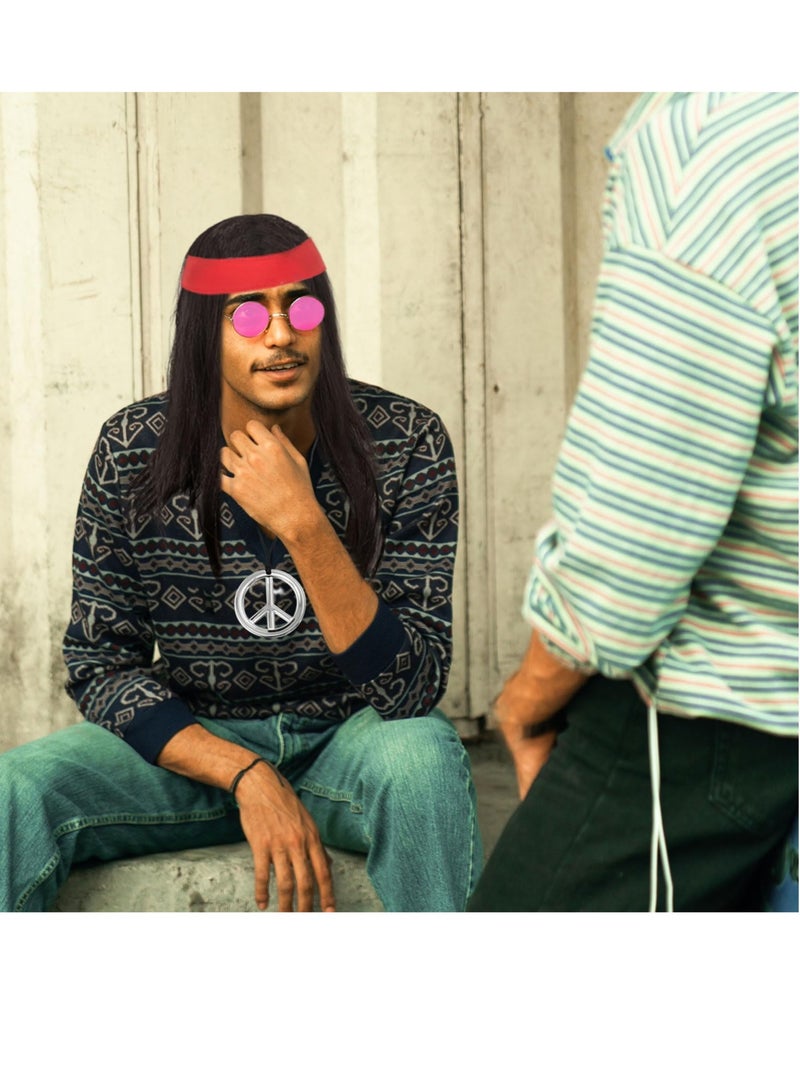 Excefore Hippie Costumes, With Hippie Wig, Sunglasses, Bandana, Hippie Peace Necklace,  70s Disco Style, 60s Outfit, 80s Fancy Dress, for Rock Star Party Rockstar Day, 60s 70s 80s 90s Accessories - Image 4
