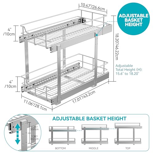 STORKING 2 Tier Pull Out Cabinet Organizer 11" W X 22" D, Slide Out Drawers For Kitchen Cabinets, Pull Out Drawers For Cabinets Capacity Heavy Duty Caddy, Cabinet Pullout Shelves Chrome-Plated, Bathroom Pantry - Image 2