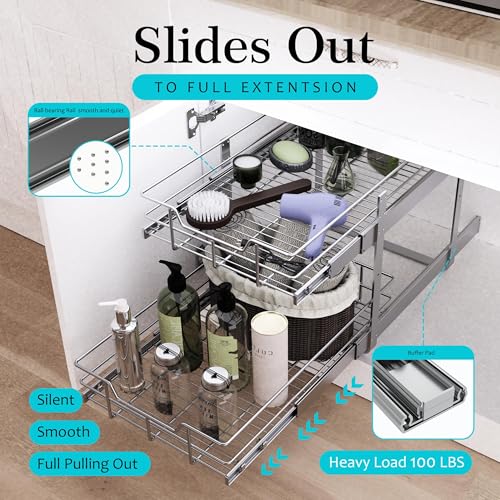 STORKING 2 Tier Pull Out Cabinet Organizer 11" W X 22" D, Slide Out Drawers For Kitchen Cabinets, Pull Out Drawers For Cabinets Capacity Heavy Duty Caddy, Cabinet Pullout Shelves Chrome-Plated, Bathroom Pantry - Image 3