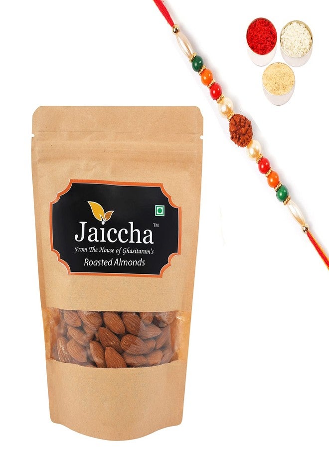 Jaiccha Ghasitaram Rakhi Gifts for Brothers Rakhi Dryfruits - Roasted Salted American/ California Almonds 200 GMS in Brown Paper Pouch with Rudraksh Rakhi - Image 1