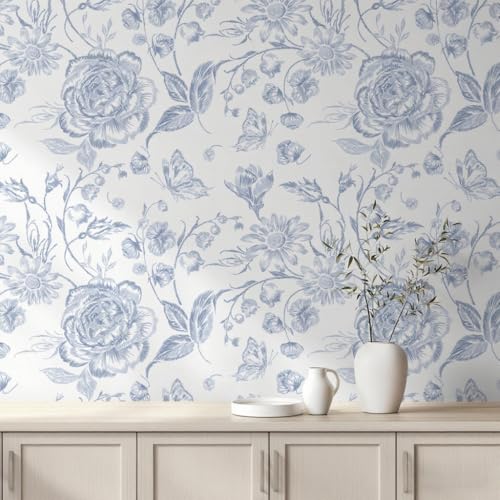 Micpolo Blue Peel and Stick Wallpaper Floral Wall Paper Boho Embroidered Contact Paper Bedroom Bathroom Wallpaper Navy Blue and White Removable SelfAdhesive Kitchen Wall Decor Vinyl Roll 173 x 78 - Image 1