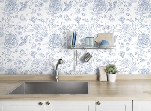 Micpolo Blue Peel and Stick Wallpaper Floral Wall Paper Boho Embroidered Contact Paper Bedroom Bathroom Wallpaper Navy Blue and White Removable SelfAdhesive Kitchen Wall Decor Vinyl Roll 173 x 78 - Image 3