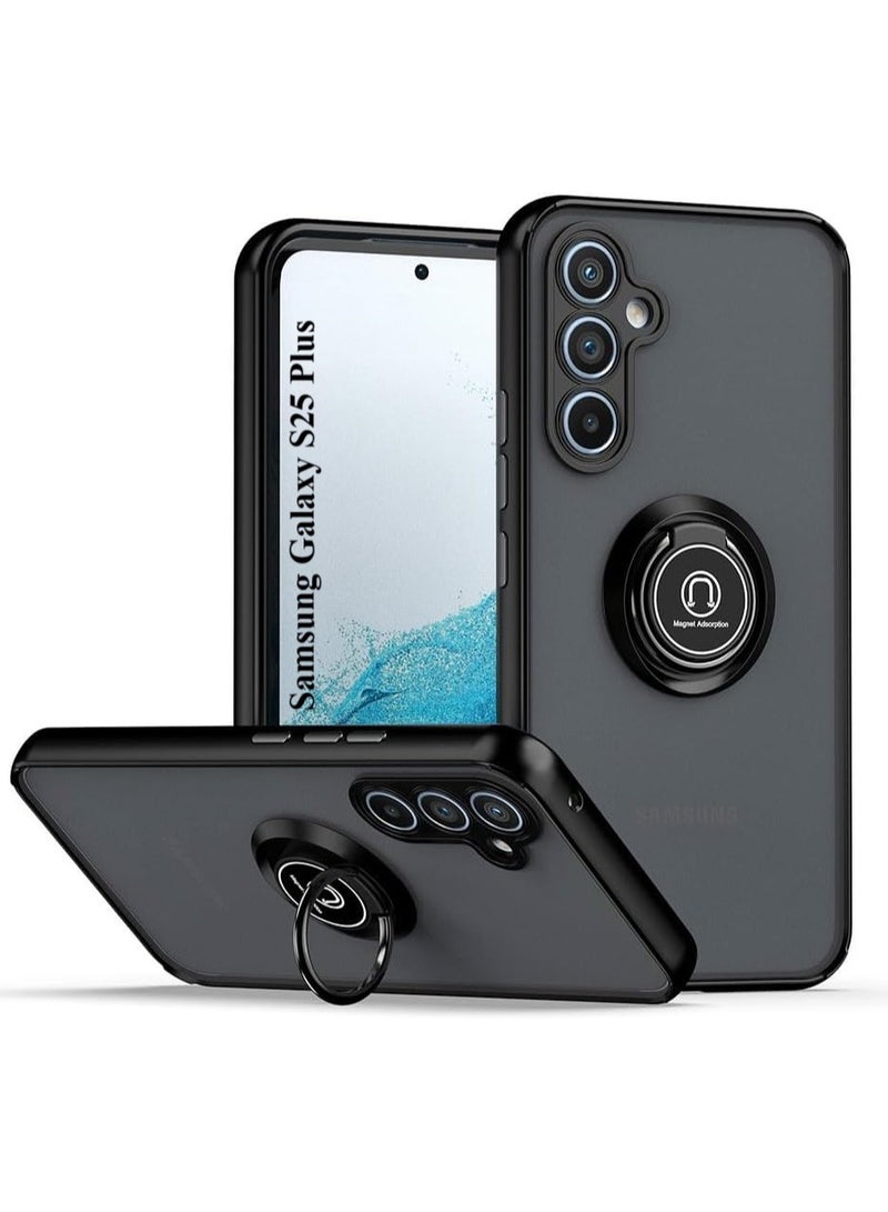 غطاء بمسند حلقي معدني دوار لهاتف سامسونج جالاكسي S25 بلس، مضاد للصدمات، لمسة نهائية غير لامعة، جراب خلفي صلب مضاد لبصمات الأصابع، غطاء مغناطيسي للسيارة لهاتف سامسونج جالاكسي S25 بلس - Image 1