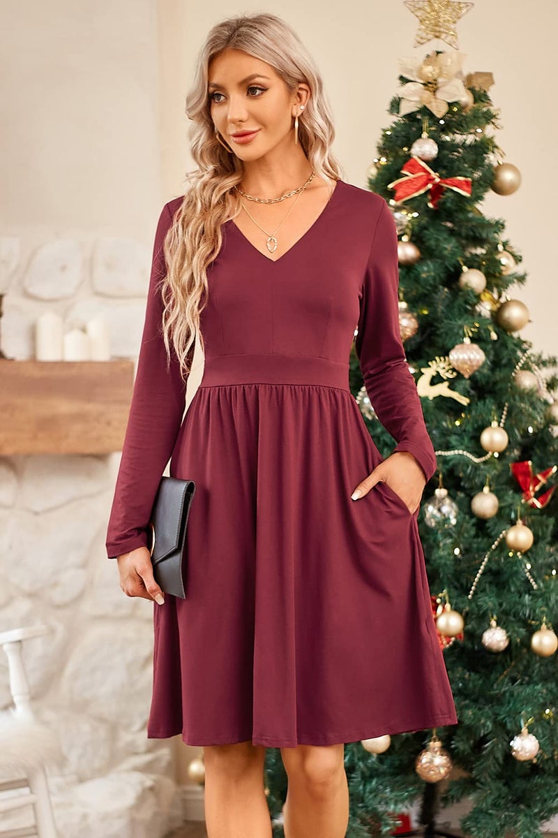ULTRANICE Red Long Sleeve Womens Dresses 2025 Fashion Clothes Trendy Spring V Neck Casual Wedding Guest Dresses Semi Formal Party Vavation Outfits Plus Size Dress with Pockets(Dark Red C,M) - Image 3