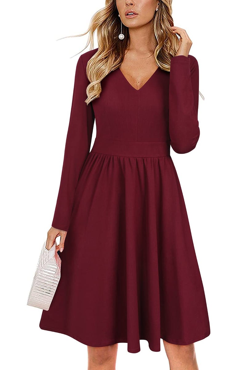 ULTRANICE Red Long Sleeve Womens Dresses 2025 Fashion Clothes Trendy Spring V Neck Casual Wedding Guest Dresses Semi Formal Party Vavation Outfits Plus Size Dress with Pockets(Dark Red C,M) - Image 1
