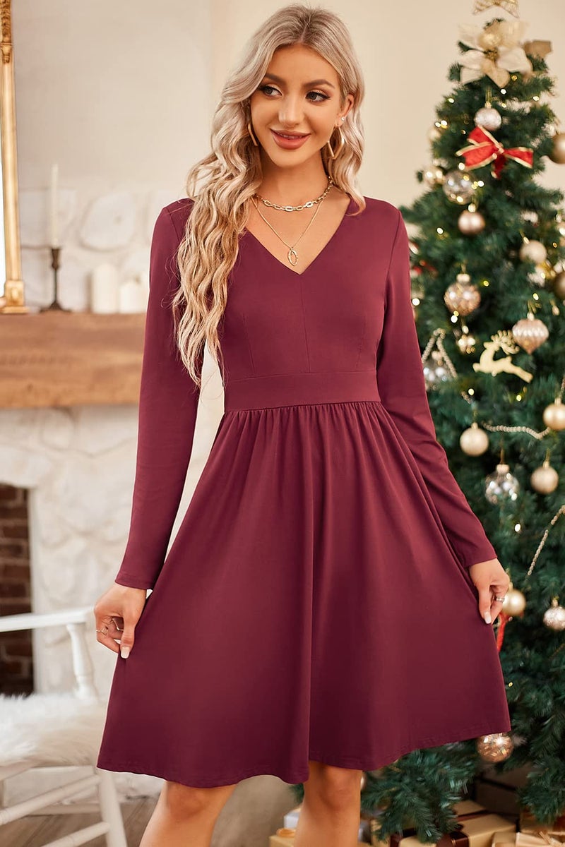 ULTRANICE Red Long Sleeve Womens Dresses 2025 Fashion Clothes Trendy Spring V Neck Casual Wedding Guest Dresses Semi Formal Party Vavation Outfits Plus Size Dress with Pockets(Dark Red C,M) - Image 4