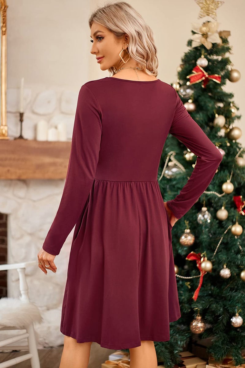 ULTRANICE Red Long Sleeve Womens Dresses 2025 Fashion Clothes Trendy Spring V Neck Casual Wedding Guest Dresses Semi Formal Party Vavation Outfits Plus Size Dress with Pockets(Dark Red C,M) - Image 5