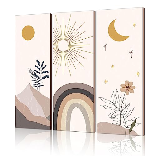 LUHIMO 3 PCS Boho Room Decor Aesthetic Wall Art for Bedroom,Wooden Hanging minimalist office wall art Sign mid century modern wall decor - Image 1