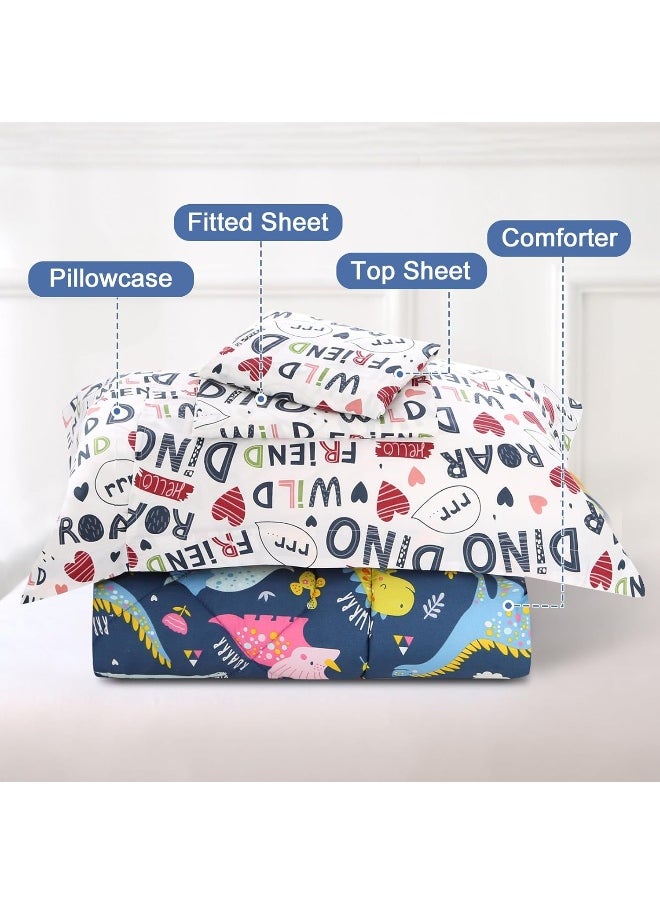 Wowelife - Wowelife Dinosaur Toddler Bedding Set for Boys Grey 4 Piece Toddler Bed Sets Blue Kids Toddler Comforter Set Breathable Soft with Comforter, Flat Sheet, Fitted Sheet and Pillowcase - Image 1