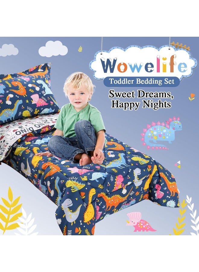 Wowelife - Wowelife Dinosaur Toddler Bedding Set for Boys Grey 4 Piece Toddler Bed Sets Blue Kids Toddler Comforter Set Breathable Soft with Comforter, Flat Sheet, Fitted Sheet and Pillowcase - Image 1