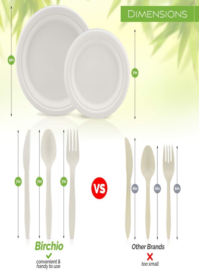 BIRCHIO 250 Piece Biodegradable Paper Plates Set (EXTRA LONG UTENSILS), Disposable Dinnerware Set, Eco Friendly Compostable Plates & Utensil include Plates, Forks, Knives and Spoons for Party - Image 2