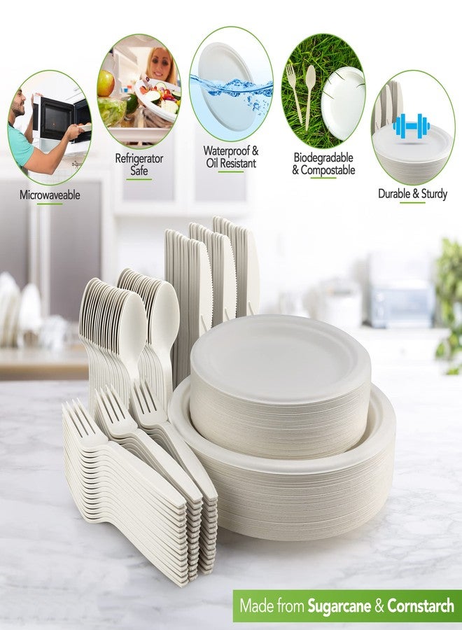 BIRCHIO 250 Piece Biodegradable Paper Plates Set (EXTRA LONG UTENSILS), Disposable Dinnerware Set, Eco Friendly Compostable Plates & Utensil include Plates, Forks, Knives and Spoons for Party - Image 3
